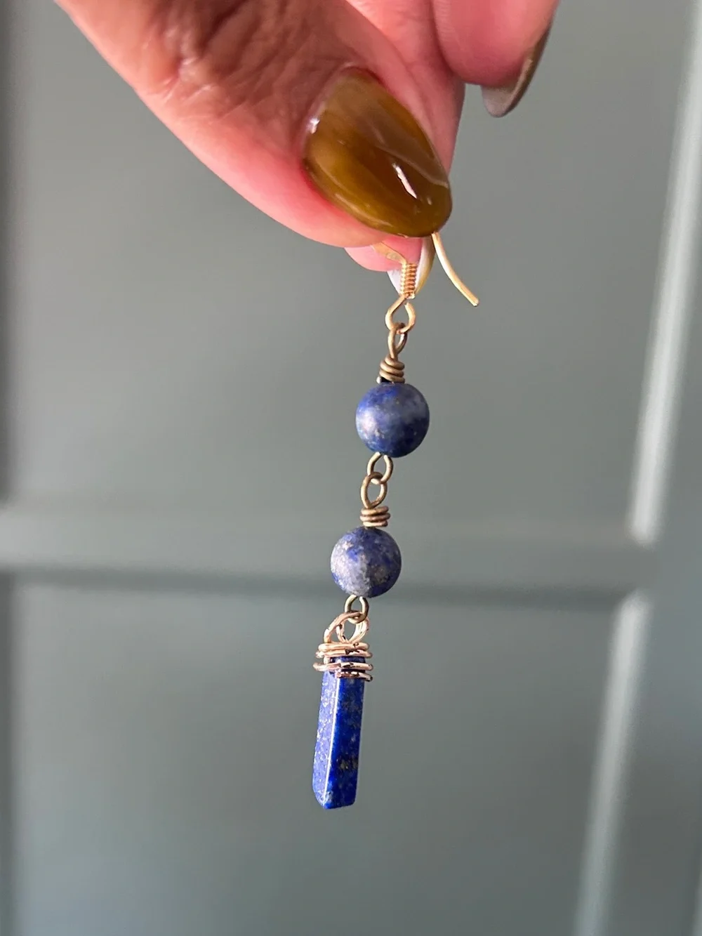 Blue Lapis Drop Earrings - Gold Wire Wrapped